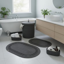 Comfort Craft Hasır / Jüt 5 Parça Antrasit Trikotlu Banyo Paspas Takımı | Kirli Sepeti | Oval Sepetler