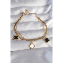 Çelik  Zirkon Taşlı Siyah Beyaz Yonca Bileklik