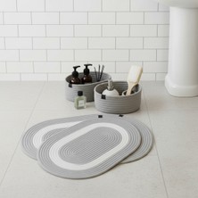 Comfort Craft Gri Beyaz / Jüt 4 Parça Gri Beyaz Şeritli Banyo Paspas Takımı | Oval Sepet, Paspas ve Dekor Seti