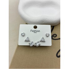 Hedef Bijuteri Zirkon Taşlı Gümüş Renk 6'lı Üçgen Kare Model Küpe Seti