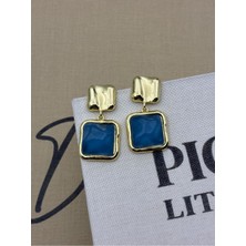 Hedef Bijuteri Mavi Kare Taşlı Gold Detaylı Sallantılı Tasarım Küpe