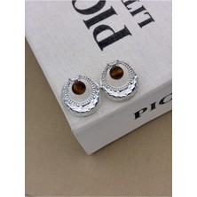 Hedef Bijuteri Kaplan Gözü Taşlı Dokulu Vintage Gümüş Renk Yuvarlak Küpe