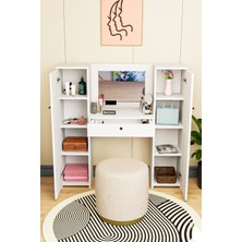 Aynalı Makyaj Masası - Çekmeceli, 2 Yan Dolaplı, Çok Raflı Ünite, Fonksiyonel Tasarım