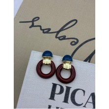 Hedef Bijuteri Lacivert Bordo Renkli Gold Detaylı Yuvarlak Tasarım Küpe