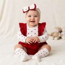 Çayzen Kız Bebek Kırmızı Kalpli Salopet Takım – %100 Pamuk Uzun Kollu Body, Çorap ve Bandanalı 3’lü Set