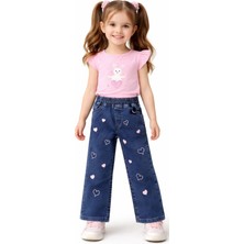 İrem Çocuk Giyim Kız Çocuk Pembe Kalp Nakışlı Beli Lastikli Koyu Mavi Renk Pantolon