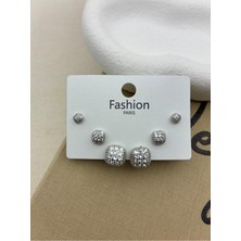 Hedef Bijuteri Zirkon Taşlı Gümüş Renk 6'lı Bombeli Kare Model Küpe Seti