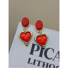 Hedef Bijuteri Kırmızı Kalp Model Dokulu Gold Detaylı Sallantılı Küpe