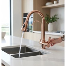 İsaoğlu Yapı Bronz Arıtmalı Spiralli Mutfak Bataryası Bakır Uzayan Sistem Arıtıcılı Armatür Rose Bakır