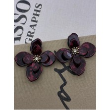 Hedef Bijuteri Bordo Siyah Renkli,zirkon Taşlı Büyük Çiçek Model Kemik Reçine Küpe