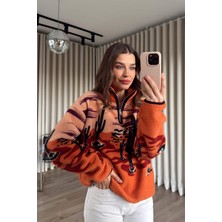 Sue Store Turuncu Yarım Fermuarlı Çöl Desen Oversize Peluş Sweatshirt