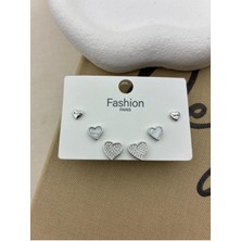 Hedef Bijuteri Zirkon Taşlı Gümüş Renk 6'lı Kalp Model Küpe Seti