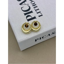 Hedef Bijuteri Kaplan Gözü Taşlı Dokulu Vintage Gold Renk Yuvarlak Küpe