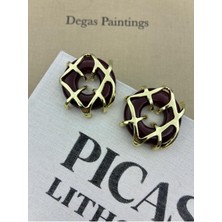 Hedef Bijuteri Bordo Renk Üzeri Gold Detaylı Yuvarlak Macaron Model Model Kemik Reçine Küpe