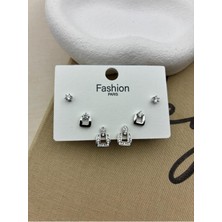 Hedef Bijuteri Zirkon Taşlı Gümüş Renk 6'lı Kare Köşeli Model Küpe Seti