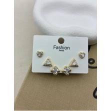 Hedef Bijuteri Zirkon Taşlı Gold Renk 6'lı Üçgen Kare Model Küpe Seti