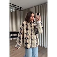 Sue Store Bej Siyah Desenli Fermuarlı Oversize Peluş Sweatshirt