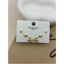 Hedef Bijuteri Zirkon Taşlı Gold Renk 6'lı Üç Yapraklı Yonca Model Küpe Seti