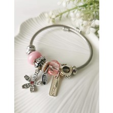 Halley Concept Çelik Pembe Boncuklu Çiçekli Model Charm Bileklik