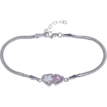 Nagiss 2'li Kalp Model Pembe Şeffaf Zirkon Taşlı 925 Ayar Gümüş Kadın Bileklik