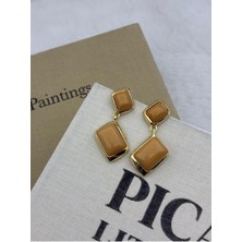 Hedef Bijuteri Açık Kahve/bej Renk Gold Detaylı Dikdörtgen Model Vintage Sallantılı Küpe