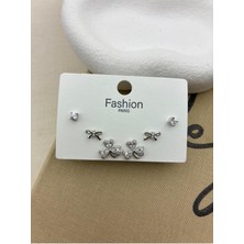 Hedef Bijuteri Zirkon Taşlı Gümüş Renk 6'lı Üç Yapraklı Yonca Model Küpe Seti