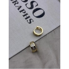 Hedef Bijuteri Zirkon Taşlı Gold Renk Kalın Halka Model Üzeri Yonca Detaylı Küpe CM38