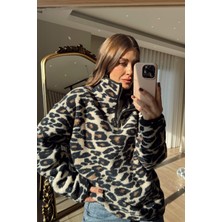 Sue Store Leopar Desenli Yarım Fermuarlı Oversize Peluş Sweatshirt
