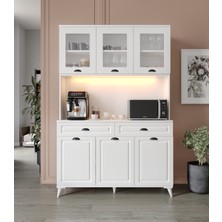 GuneyStore Luna Kahve Köşesi - Mdf - 140 cm - Ayaklı -Beyaz Mutfak Dolabı - LED Aydınlatmalı