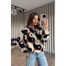 Sue Store Taba Siyah Yarım Fermuarlı Oversize Beli Lastikli Peluş Sweatshirt
