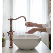 İsaoğlu Yapı Bakır Çanak Bataryası Bronz Yüksek Lavabo Armatür Mat Bakır Çift Kollu Vintage Batarya Çanak Uyumlu