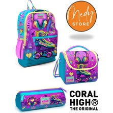 Coral High Pembe Turkuaz Kulaklık Paten Desenli 3’lü Okul Çanta Seti