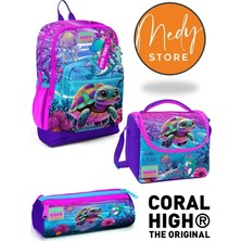 Coral High Pembe Mor Kaplumbağa Desenli 3’lü Okul Çanta Seti