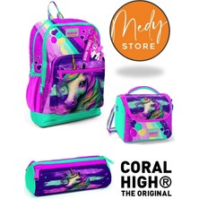 Coral High Pembe Su Yeşili Unicorn Desenli 3’lü Okul Çanta Seti