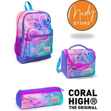 Coral High Lavanta Pembe Flamingo Desenli Desenli 3’lü Okul Çanta Seti