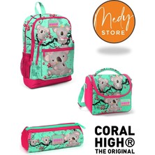 Coral High Su Yeşili Neon Mercan Koala Desenli 3’lü Okul Çanta Seti