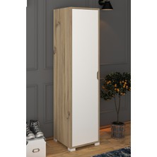 Midoser Mat Beyaz - Keçe (Açık Ceviz) 5 Raflı Tek Kapılı Elbise Dolabı - Gardırop