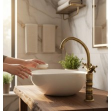 İsaoğlu Yapı Antik Gold Çanak Bataryası Lavabo Armatürü Pirinç Malzeme Yüksek Model Klasik Tasarım Eskitme Musluk
