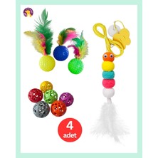 Elar Aksesuar 4’lu Oyun Seti - 2 Adet Tüylü Top, 1 Adet Zilli Top ve Elastik Ipli Asılı Kedi Oyuncağı