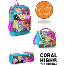 Coral High -Gri Mavi Pembe Anime Desenli 3’lü Okul Çanta Seti