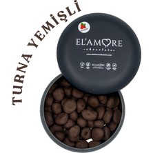 Elamore Şeker İlavesiz, Glütensiz, Vegan Turna Yemişli Bitter Çikolata - Siyah Yuvarlak Metal Kutu, 150 gr