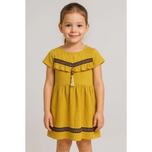 Önü Püsküllü Boncuk Detaylı Kız Çocuk Elbisesi Hardal