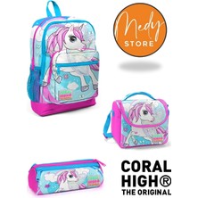 Coral High Mavi Neon Pembe Ünicorn Desenli 3’lü Okul Çanta Seti