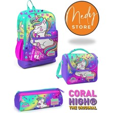 Coral High Lavanta Su Yeşili Unicorn Desenli 3’lü Okul Çanta Seti