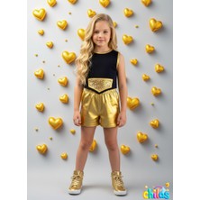 Ikili Takım Kız Çocuk Crop Pamuklu Üst Parlak Gold Lame Baskılı Kısa Şort