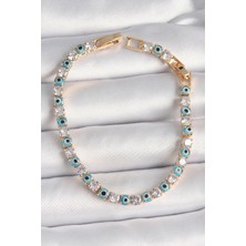 Pirinç Gold Renk Su Yolu Zirkon Taşlı Nazar Boncuklu Kadın Bileklik - TJ-BB6648