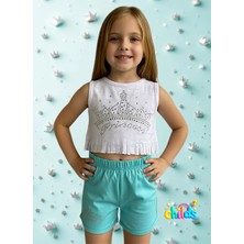 Ikili Crop Kız Çocuk Takım Prenses Taş Baskılı Devore Kumaşından Üretilmiş Şortlu Takım