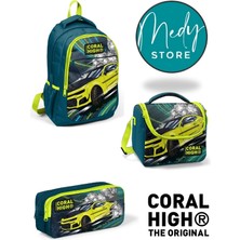 Coral High Nefti Fosforlu Sarı Araba Desenli 3’lü Okul Çanta Seti