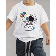 F17 Ajans Roket Uçurtmalı Astronot Baskılı %100 Pamuk Kısa Kollu Erkek Çocuk Tişörtü