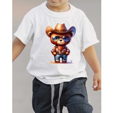 F17 Ajans Kovboy Ayıcık Baskılı %100 Pamuk Kısa Kollu Erkek Çocuk Tişörtü